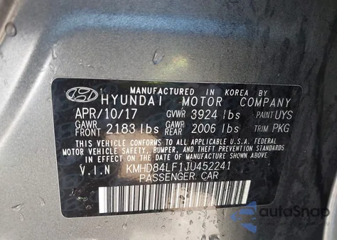 2018 Hyundai Elantra Sel из США, поврежденный, VIN KMHD84LF1JU452241